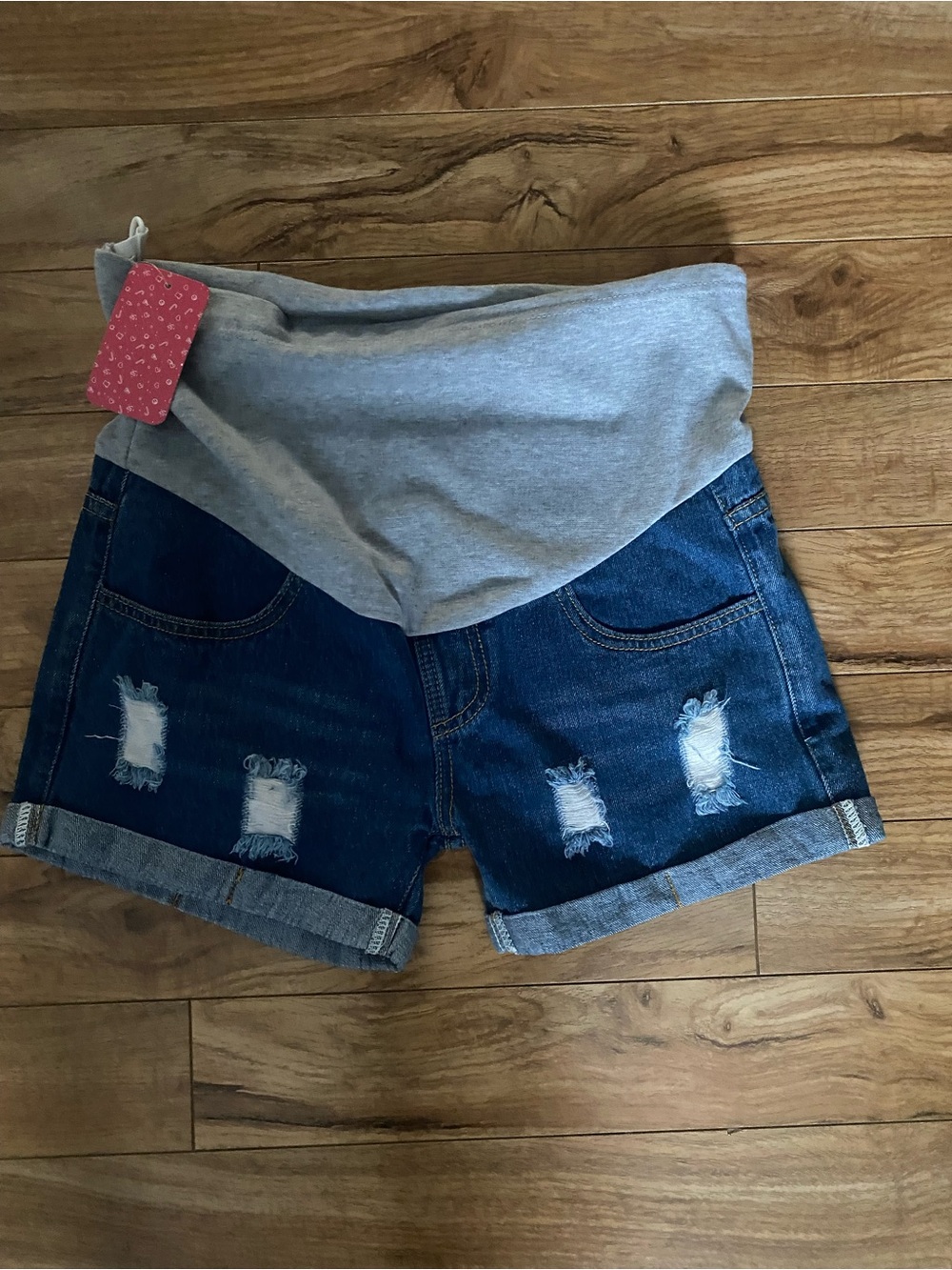 Old Navy Blue Denim Maternity Shorts with Gray Waistband